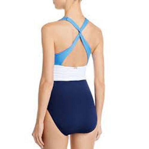 984 L Ralph Lauren Color-Block Twist Back Halter One-Piece Swimsuit BLUE sz 10 - Picture 2 of 2